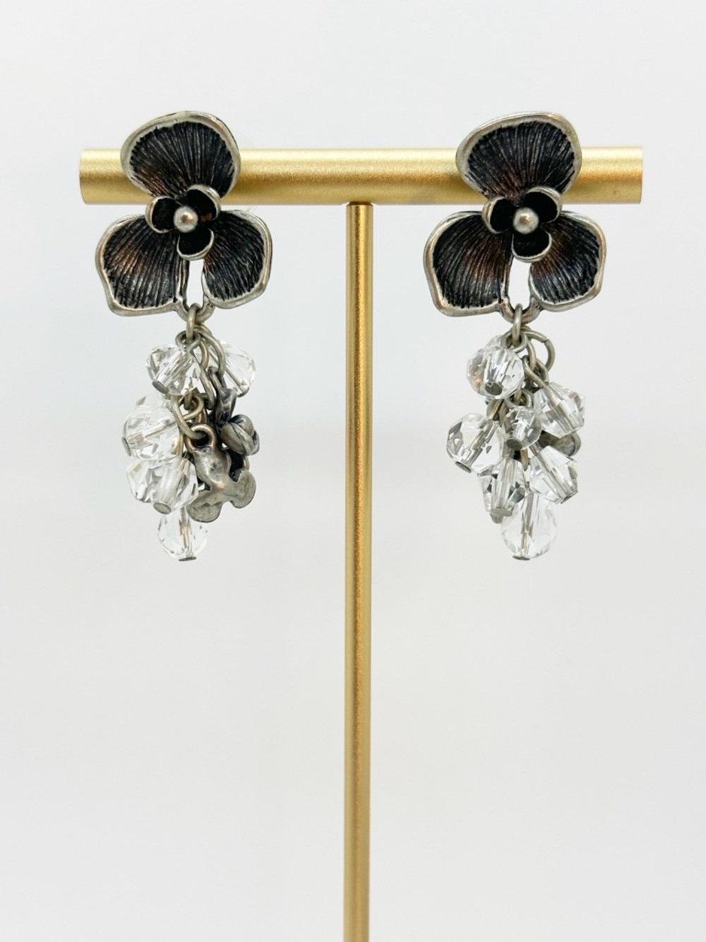 Floral Drop Earrings Clear Crystal Antiqued Silver Tone Flower Dangles